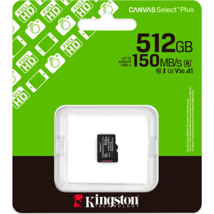 Карта пам'яті Kingston 512GB microSDXC class 10 UHS-I U3 V30 A1 Canvas Select Plus (SDCS3/512GBSP)