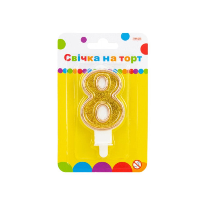 Свічка Maxi золотиста двостороння з блискітками "8", 7,62 см, на торт (MX622083-8)