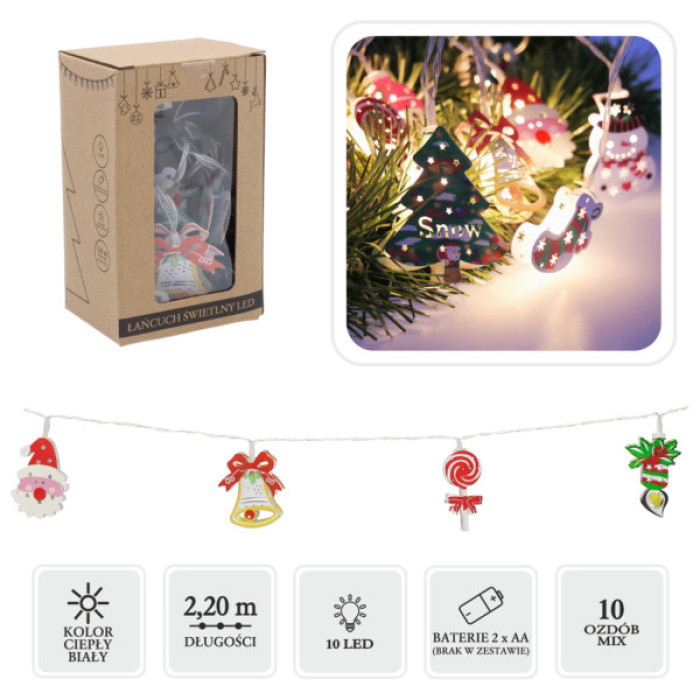 Гірлянда Chomik Новорічні атрибути 10 LED теплий білий, IP20, 2хАА (5900779854024)