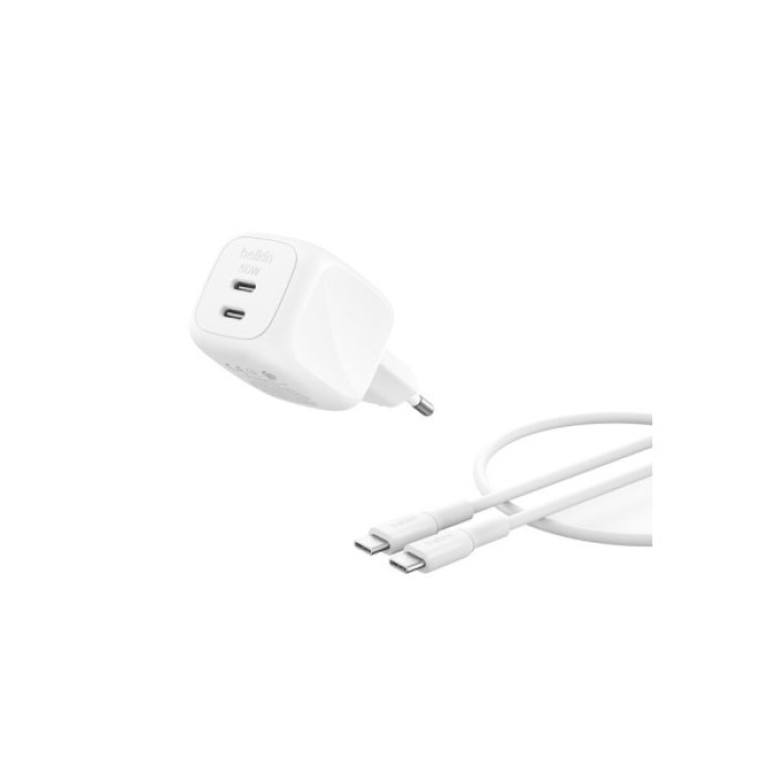 Зарядний пристрій Belkin 2xUSB-C PD50W GaN PPS + cable USB-C to USB-C 1.0m white (WCH019KQ1MWH-B6)