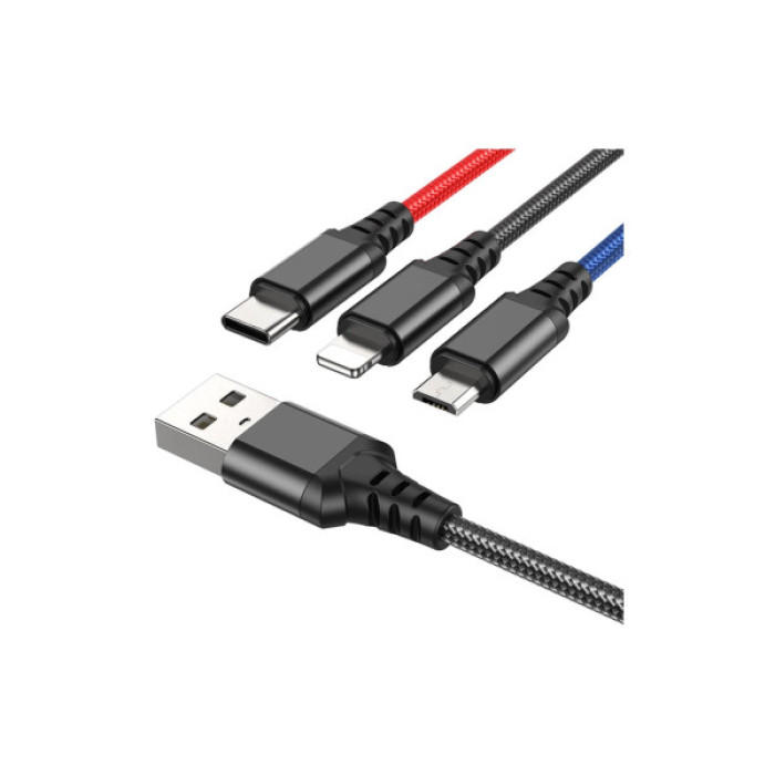 Дата кабель USB 2.0 AM to Lightning + Micro 5P + USB-C 1.0m 2A nylon black+red+blue HOCO (6931474768636)