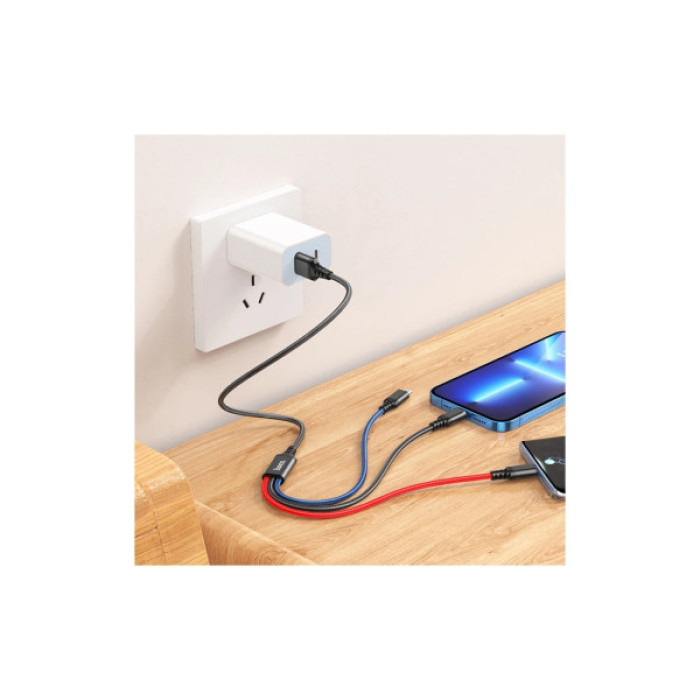 Дата кабель USB 2.0 AM to Lightning + Micro 5P + USB-C 1.0m 2A nylon black+red+blue HOCO (6931474768636)