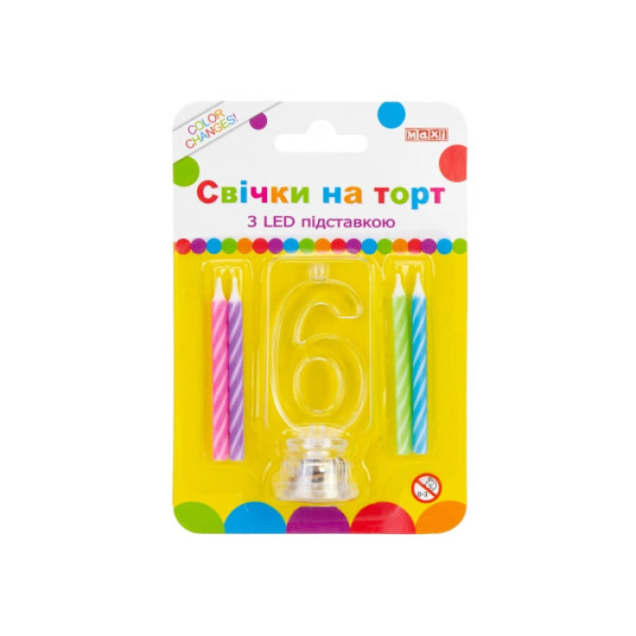 Свічка Maxi 4 шт. на торт з LED підставкою "6", що світиться (MX701007-6)