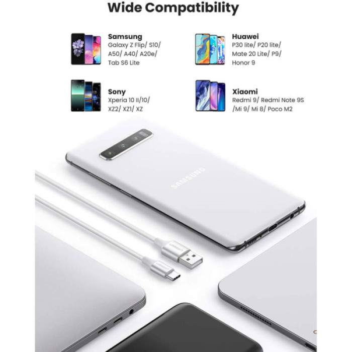 Дата кабель USB 2.0 AM to USB-C 0.25m 3A braided US288 white Ugreen (60129)