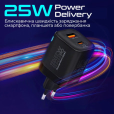 Зарядний пристрій Promate USB-C + USB-A (powerport-25ac.black)