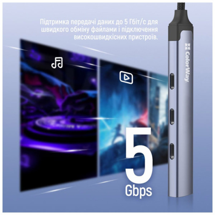 Концентратор ColorWay USB-C 4-in-1 USB-C2.0х3/USB3.0 (CW-HUB07)