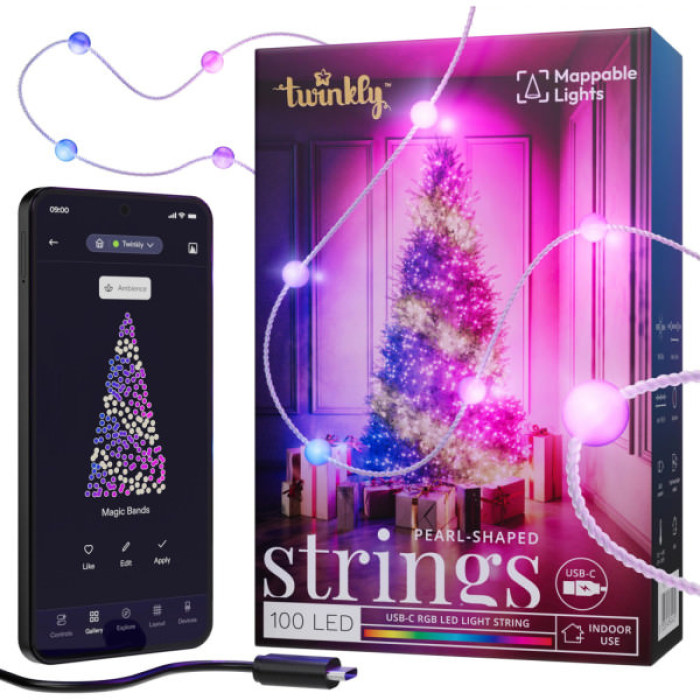 Гірлянда Twinkly Smart LED Strings USB 100 Pearl-shaped RGB LEDs, Clear Wire, USB-C 6м (TWKP100RGB-T)