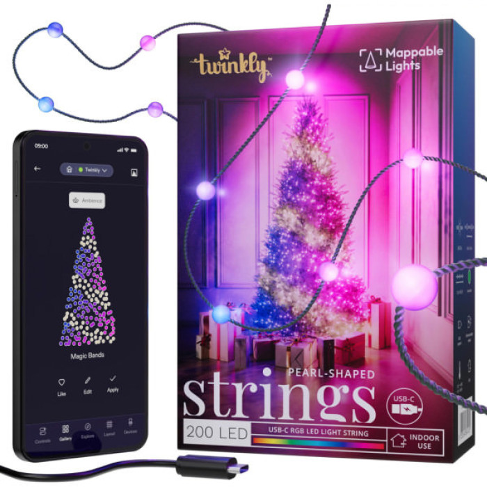 Гірлянда Twinkly Smart LED Strings USB 200 Pearl-shaped RGB LEDs, Green Wire, USB-C 12м (TWKP200RGB-G)