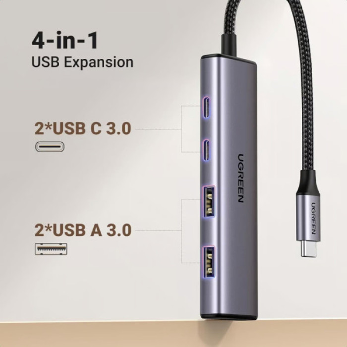 Концентратор Ugreen USB-C to 2xUSB 3.0 + 2xUSB-C CM473 gray (15395)