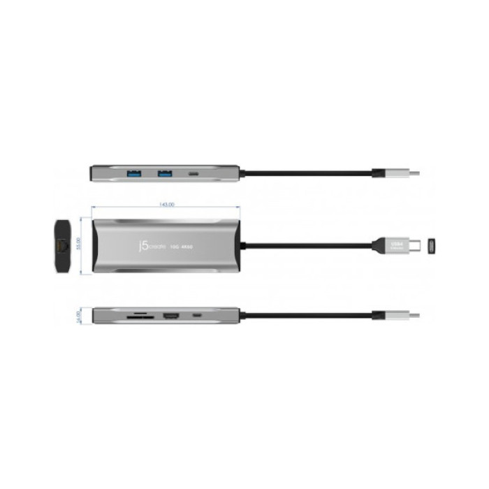 Порт-реплікатор J5create Dock-Station USB-C 10Gbps, 7-in-1 (хаб/HDMI/PD/картридер) (JCD393-N)