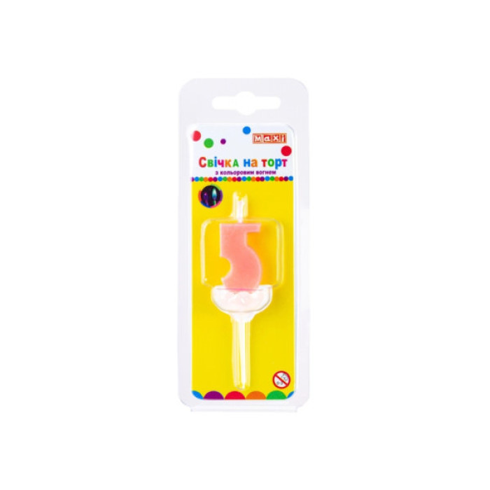 Свічка Maxi двостороння "5" з кольоровим вогнем, розмір 20*8*40 мм (MX622093-5)
