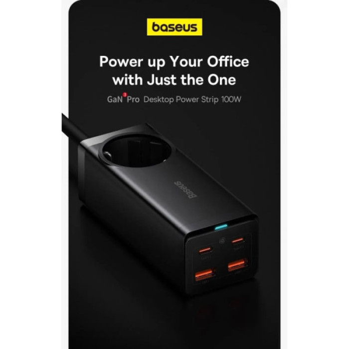 Зарядний пристрій Baseus AC + 2xUSB-C 100W + 2xUSB + cable USB-C to USB-C 100W 1.0m black (PSZM000401)
