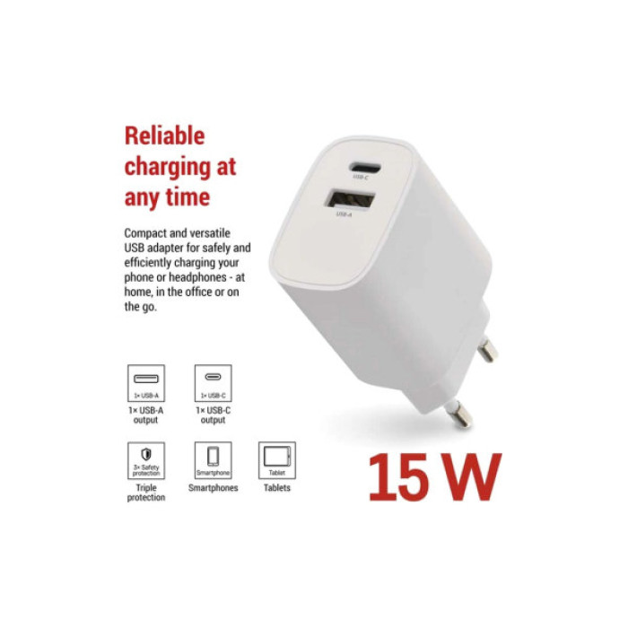 Зарядний пристрій EMOS V02B15 1xUSB-A + 1xUSB-C 15W GaN (V02B15)
