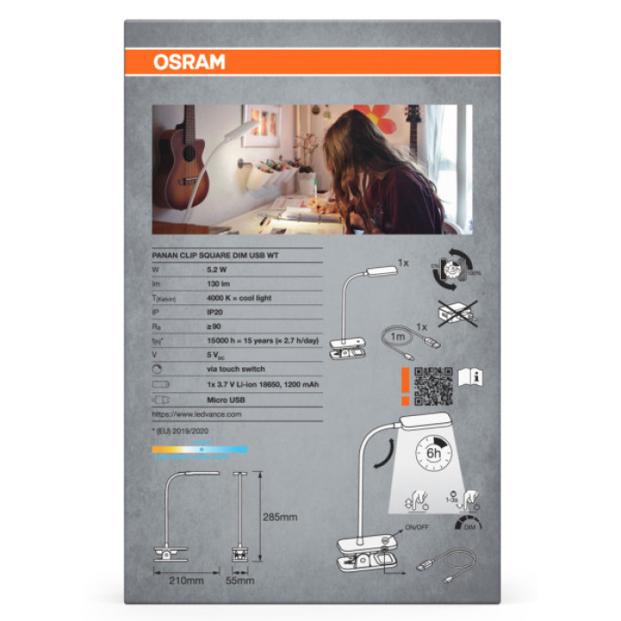 Настільна лампа Osram PANAN CLIP SQUARE DIM USB WT (4099854507496)
