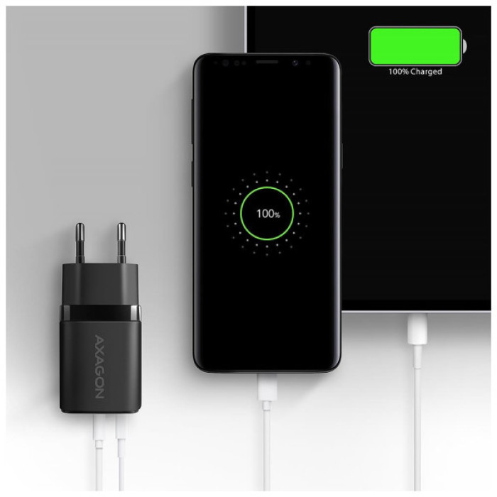 Зарядний пристрій AXAGON 1xUSB QC3.0 + 1xUSB-C PD20W black (ACU-PQ20)