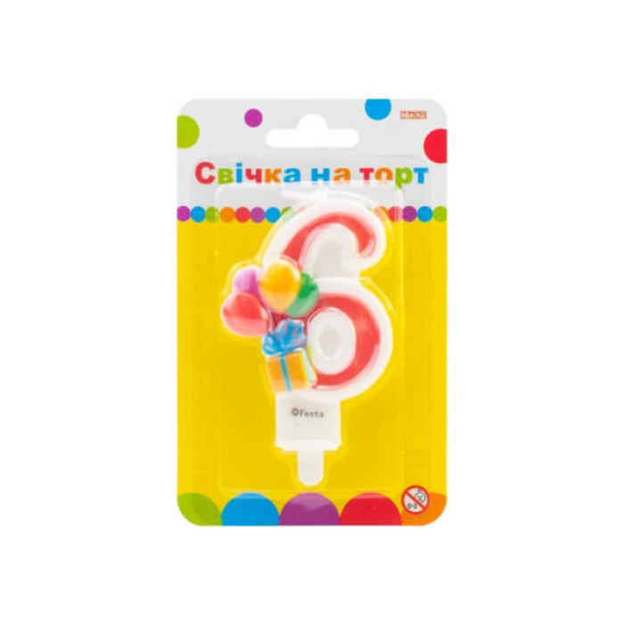 Свічка Maxi двостороння "6" із зображенням надувних кульок висотою 7,62 см (MX622069-6)