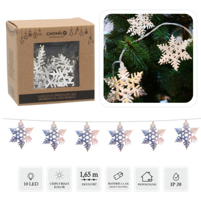 Гірлянда Chomik Сніжинки сталь 10 LED, теплий білий, IP20, 3хАА (5900779881020)