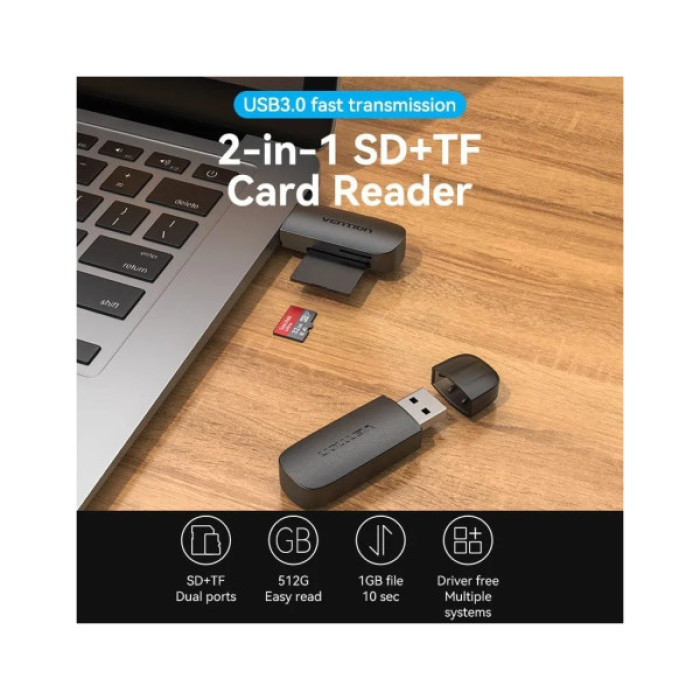 Зчитувач флеш-карт Vention USB 3.0 to SD+TF Black Dual Drive Letter (CLGB0)
