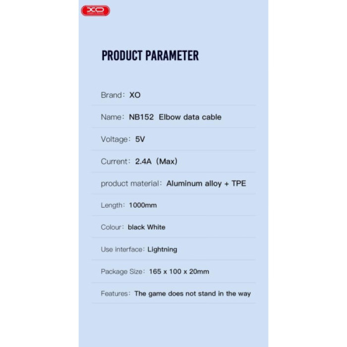 Дата кабель USB 2.0 AM to Lightning 1.0m 2.4A 90° corner white XO (NB152-L-1-WH)