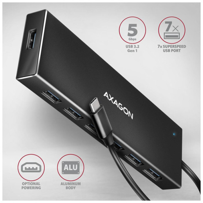 Концентратор AXAGON USB-C to 7xUSB 3.0 black (HUE-F7C)