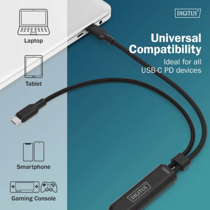 Дата кабель USB-C to 2xUSB-C 1.8m 140W black Digitus (AK-300170-018-S)