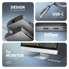 Концентратор AXAGON USBC to 3xUSB-A + HDMI + RJ45 + SD/microSD + audio + PD 100W 0.2m grey (HMC-8HLSA)