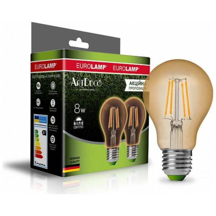 Лампочка Eurolamp LED А60 800 Lm E27 4000K 2шт (MLP-LED-A60-08274(Amber)new)