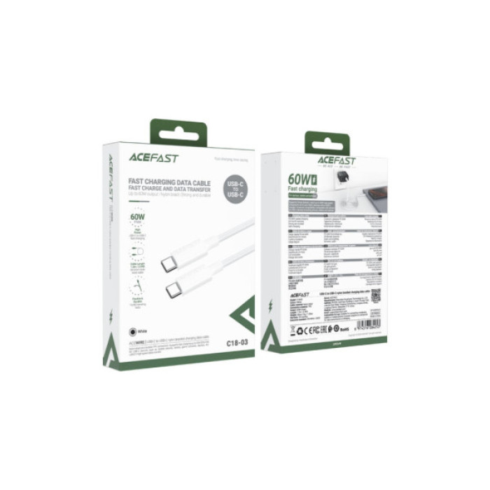 Дата кабель USB-C to USB-C 1.2m 3A white Acefast (6974316284253)