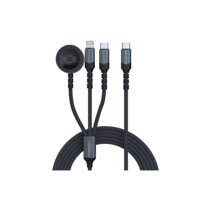 Дата кабель USB-C to Lightning 27W + USB-C 60W + Apple Watch 2.5W 1.5m icharge trio black Promate (icharge-trio.black)