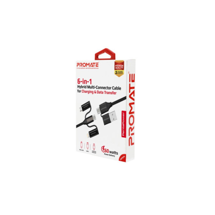 Дата кабель USB 2.0 AM to Lightning + Micro 5P + USB-C pentapower.black Promate (pentapower.black)
