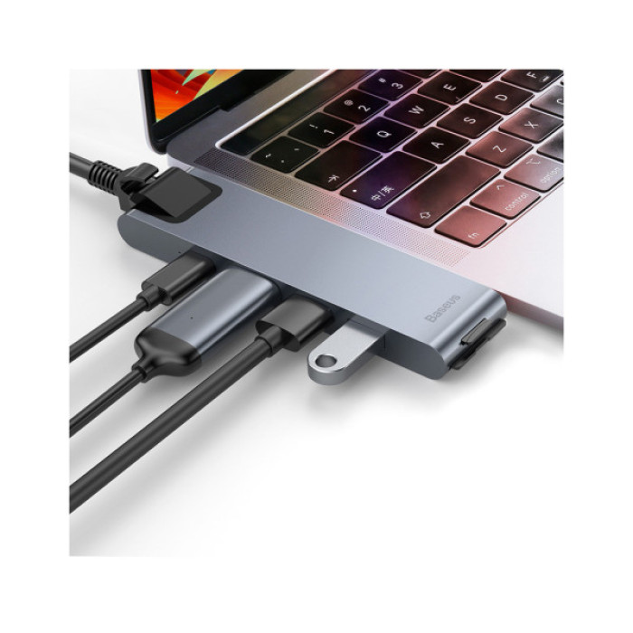 Концентратор Baseus USB-C Thunderbolt 7-in-1 2xUSB 3.0 + 1xUSB-C PD + HDMI 4K60Hz + SD/TF + 1xRJ45 1000Mbps gray (CAHUB-L0G)