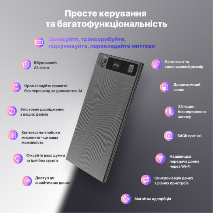 Цифровий диктофон Mobvoi TicNote with IA Shadow 64GB Black (NE-79)