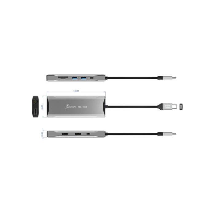 Концентратор J5create USB-C 9-in-1 2xUSB 3.2 + 2xUSB-C PD + 2xHDMI 4K + DisplayPort + SD/TF + RJ45 1000Mbps gray (JCD397-N)