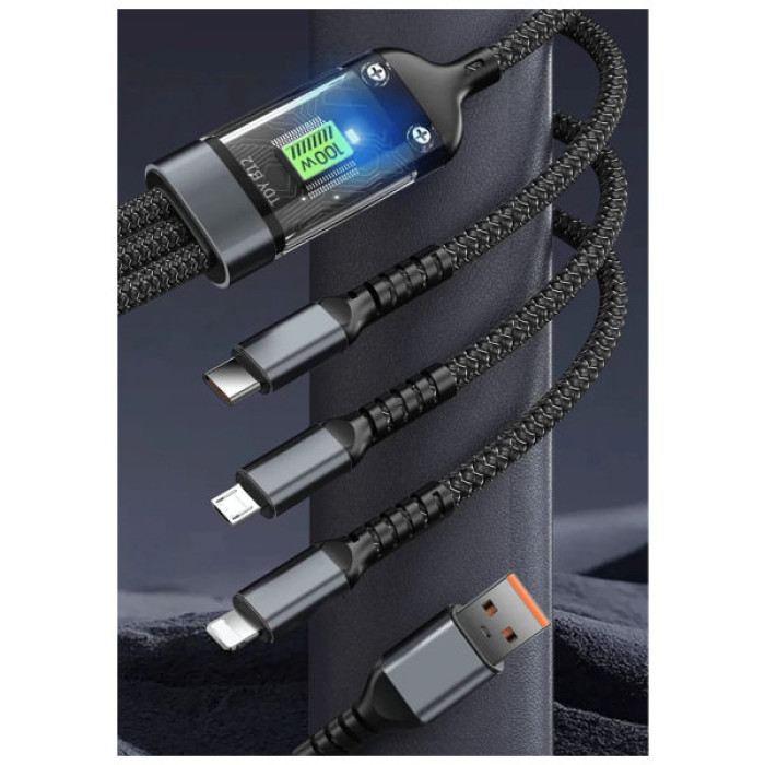 Дата кабель USB 2.0 AM to Lightning + Micro 5P + USB-C 1.2m 100W nylon black XoKo (SC-3100)
