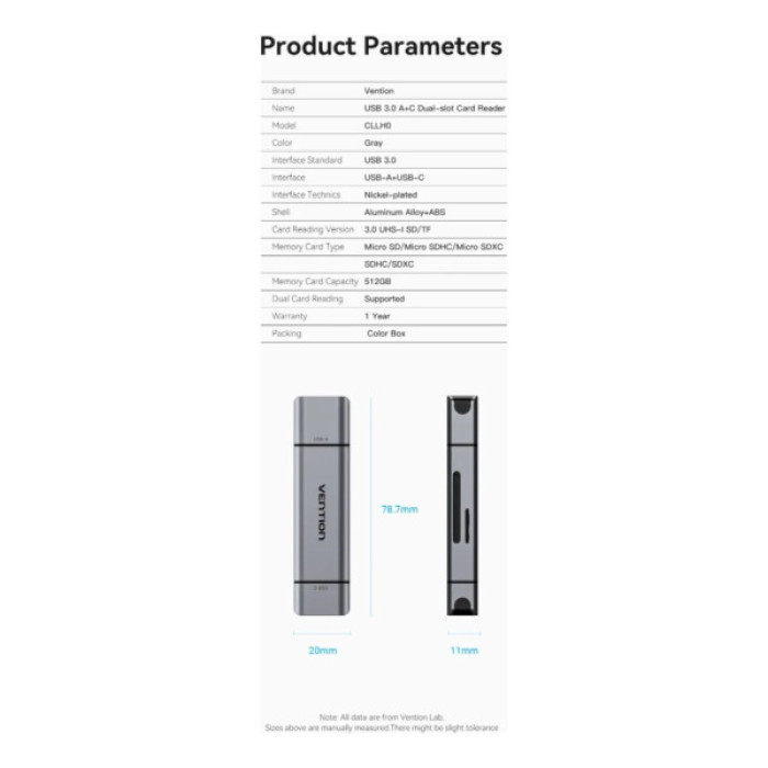 Зчитувач флеш-карт Vention USB 3.0 AM/USB-C to SD+TF Gray Dual Drive Letter Aluminum Alloy (CLLH0)