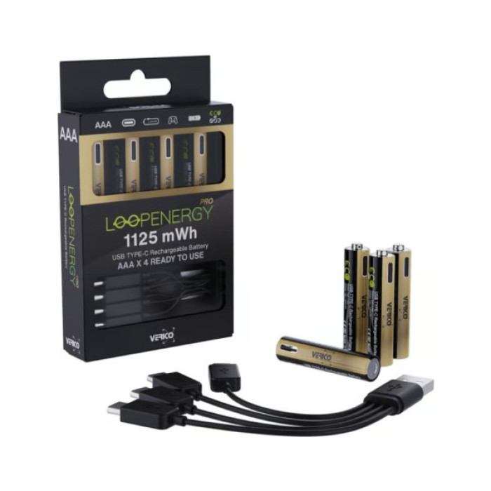 Акумулятор Verico AAA USB Type-C 750mAh/1125mWh-1.5V Li-ion 4шт./уп. (Loop Energy PRO) (1UDBT-A7WEAC-NN)