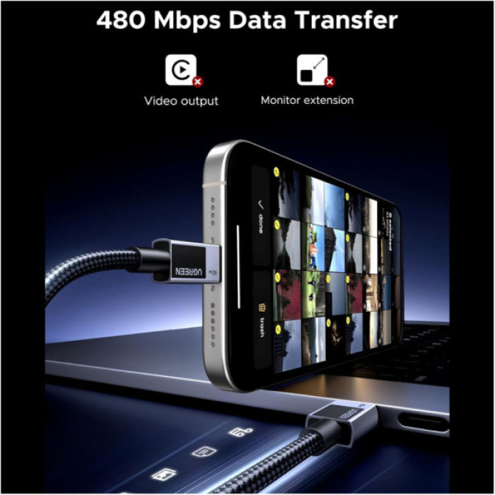 Дата кабель USB-C to USB-C 3.0m PD60W 3A braided L524 gray Ugreen (55776)