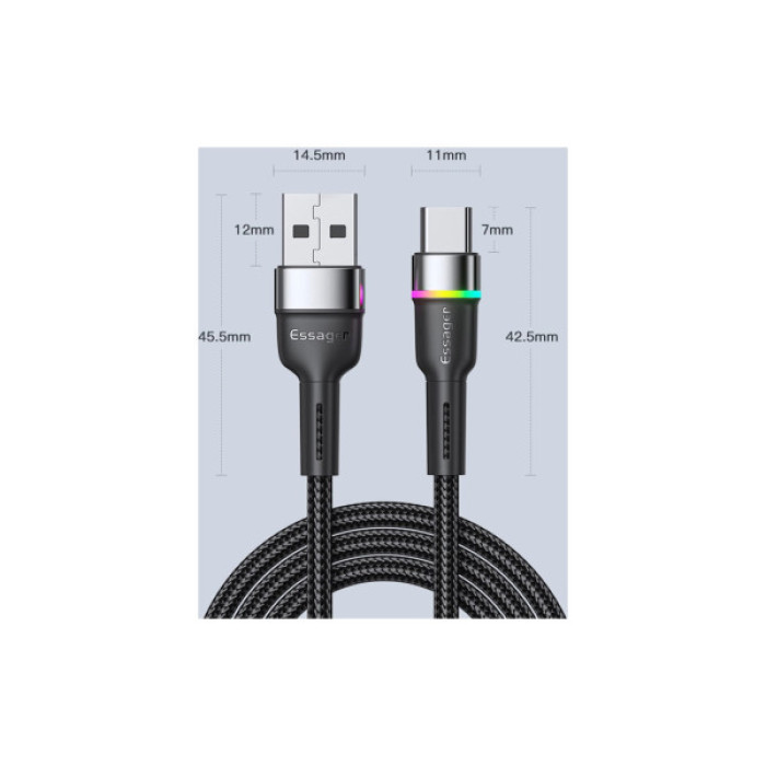 Дата кабель USB 2.0 AM to USB-C 1.0m 3A LED black Essager (EXCT-XCD01)