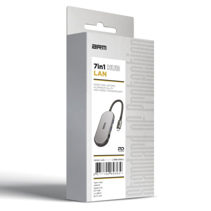 Концентратор Armorstandart USB-C to HDMI 4K, RJ45, PD, 2USB, SD, microSD Grey (ARM69365)