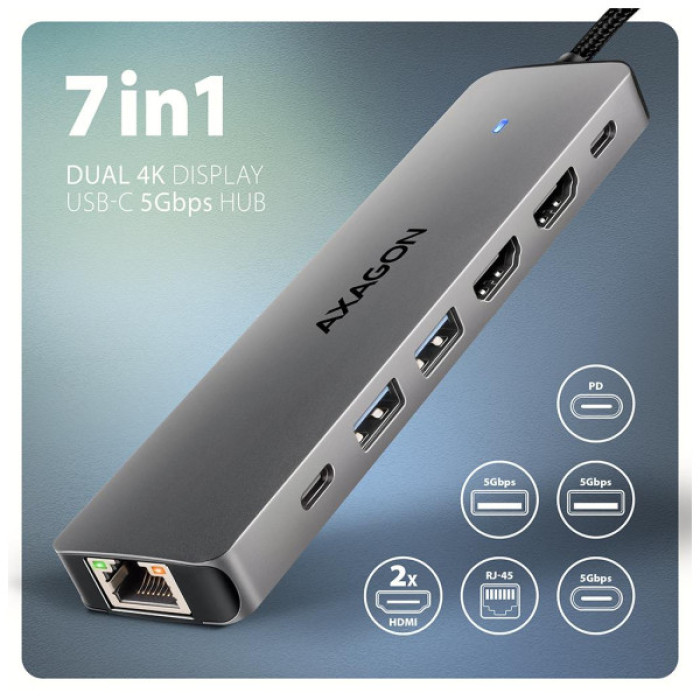 Концентратор AXAGON USBC to 2xUSBA + 1xUSBC + 2xHDMI + RJ45 + PD100W 0.15m gray (HMC-7HX2)