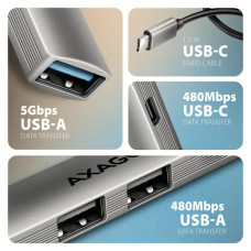 Концентратор AXAGON USB-C to 1xUSB-A 5Gbps + 2xUSB-A 480Mbps + 1xUSB-C 480Mbps 0.12m aluminum (HUE-STC)