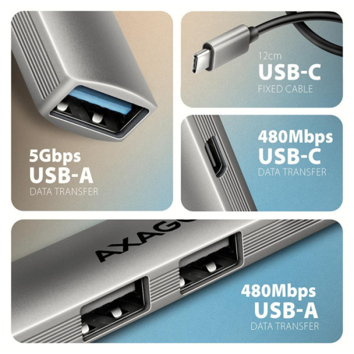 Концентратор AXAGON USB-C to 1xUSB-A 5Gbps + 2xUSB-A 480Mbps + 1xUSB-C 480Mbps 0.12m aluminum (HUE-STC)