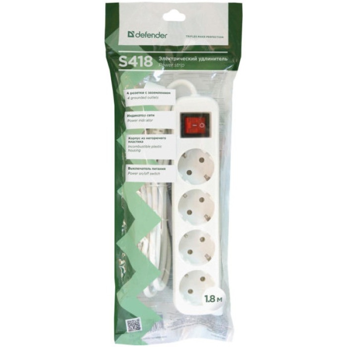 Мережевий подовжувач Defender S418 1.8 m 4 роз switch white (99237)