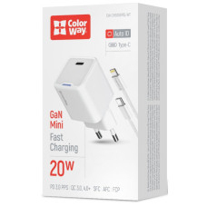 Зарядний пристрій ColorWay C101D GaN Mini 20W PD PPS USB-C + cable USB-C to Lightning white (CW-CHS059PDL-WT)