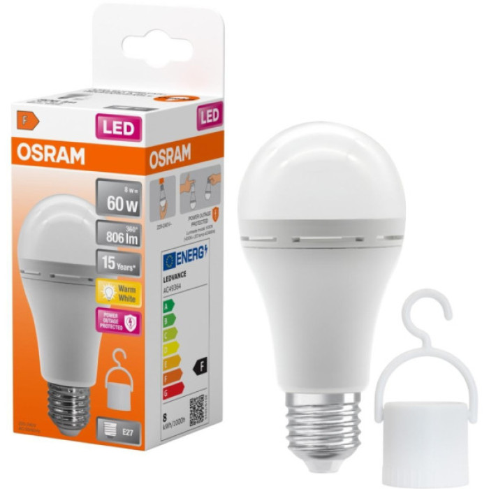 Лампочка Osram LED E27 8Вт 806Лм 2700К A60 акумуляторна (4099854190087)