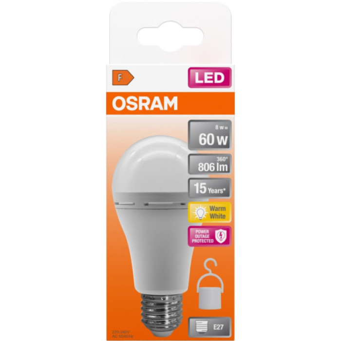 Лампочка Osram LED E27 8Вт 806Лм 2700К A60 акумуляторна (4099854190087)