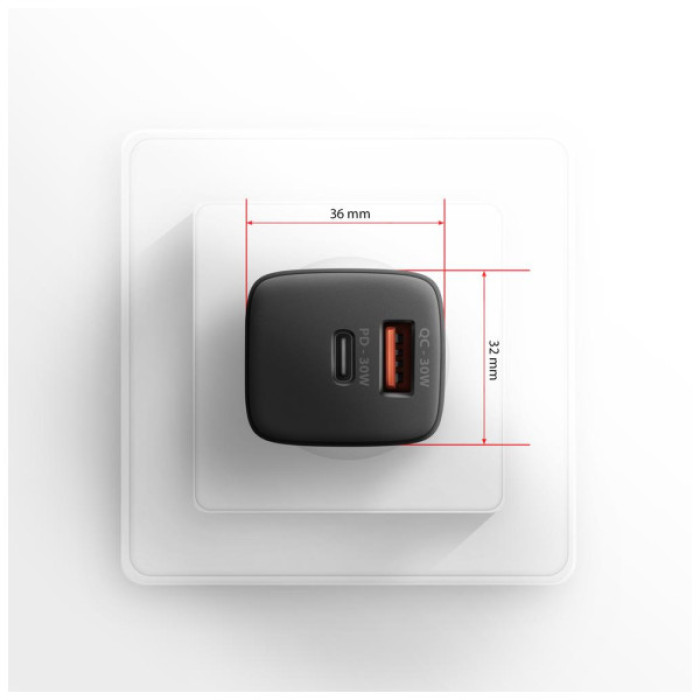 Зарядний пристрій AXAGON 1xUSB QC4.0 + 1xUSB-C PD30W PPS black (ACU-PQ30)
