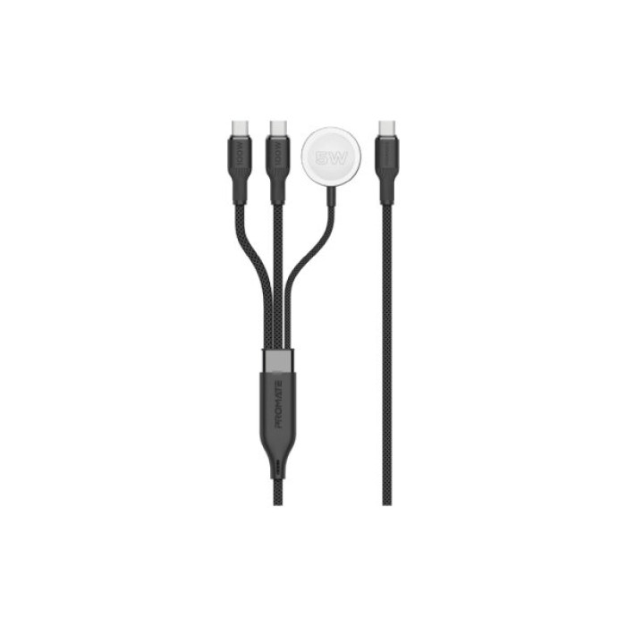 Дата кабель USB-C to 2xUSB-C 100W + Apple Watch 5W 1.4m FUSION-CCW black Promate (fusion-ccw.black)