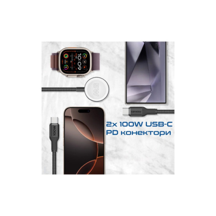 Дата кабель USB-C to 2xUSB-C 100W + Apple Watch 5W 1.4m FUSION-CCW black Promate (fusion-ccw.black)