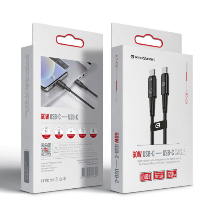 Дата кабель USB-C to USB-C 1.2m 60W black Armorstandart (ARM75869)
